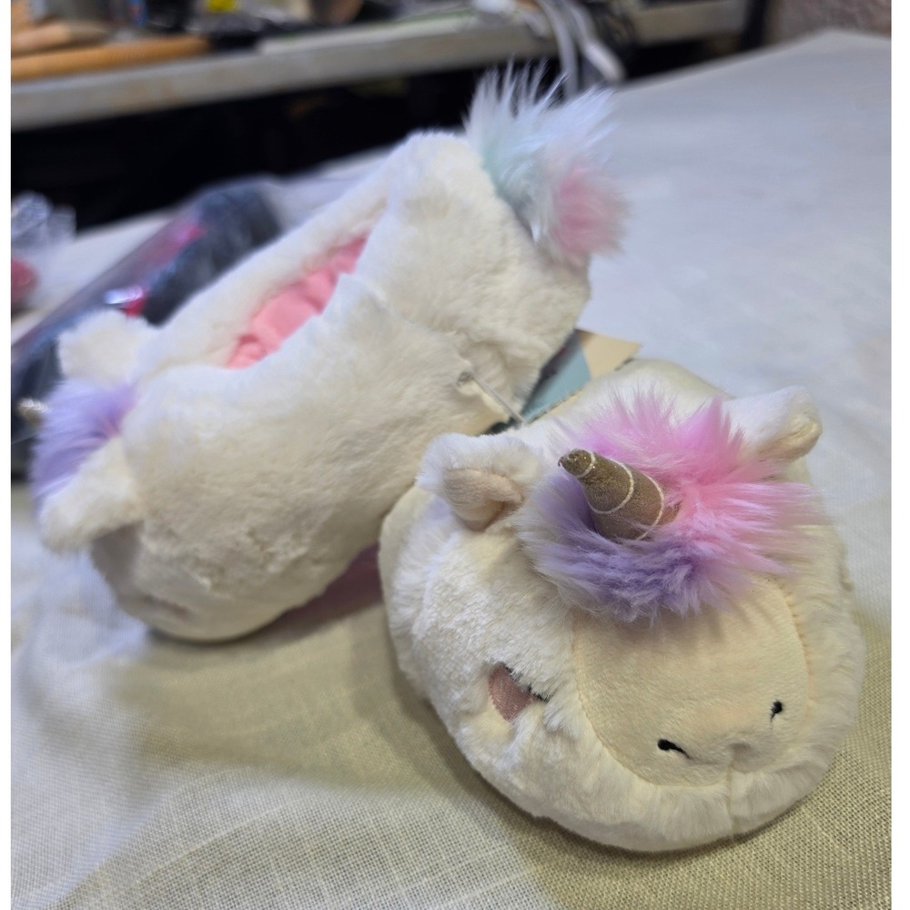 Cat & Jack Kids Unicorn Slippers White Faux Fur Gold Horn Size L 9/10 NWT